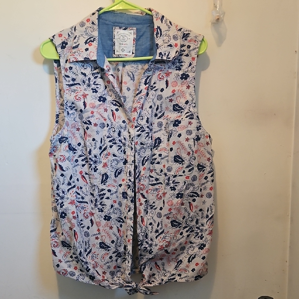 Style & Co. Floral Button-Down Sleeveless Shirt - Blue and Red